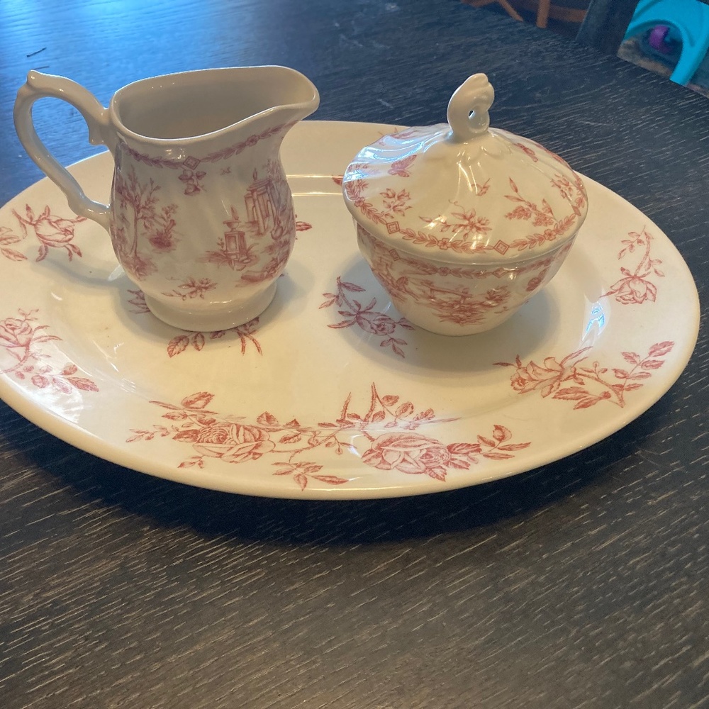 Churchhill rose, colored China creamer, sugar, and platter